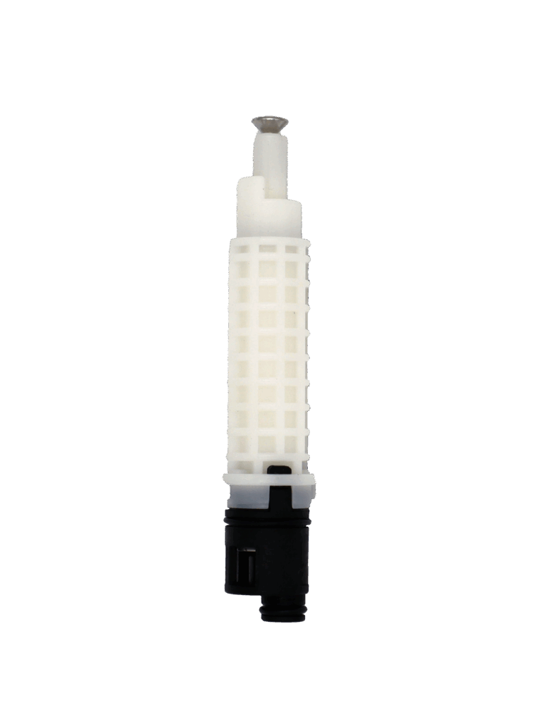 White honeycomb plastic cartridge with stainless screw and black bottom with oring.