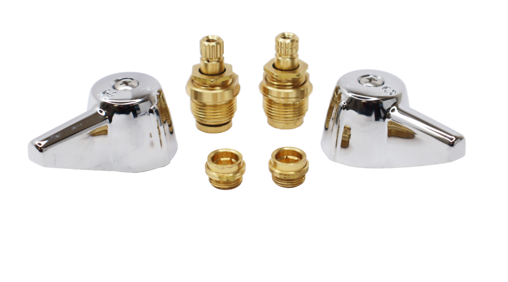 Bright brass stems and seats with black rubber washers polished chrome lever hot and cold labeled handles.