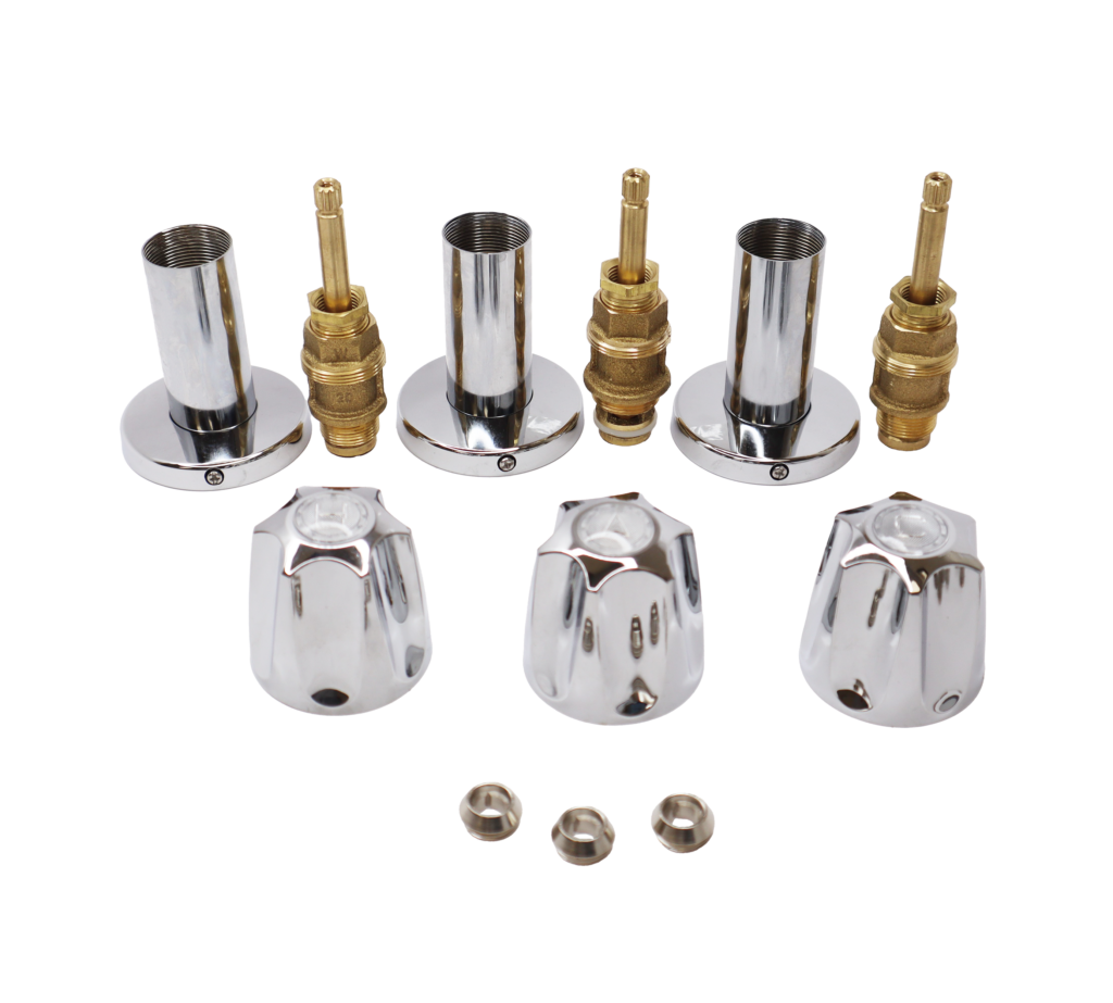 Chrome plated handles escutcheons and escutcheon tubes with brass stems and brass faucet seats.