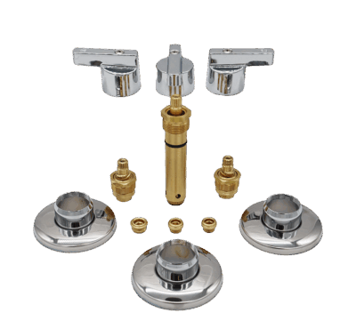 Polished chrome lever handles escutcheons bright brass stems and faucet seats.