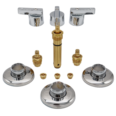 Polished chrome lever handles escutcheons bright brass stems and faucet seats.
