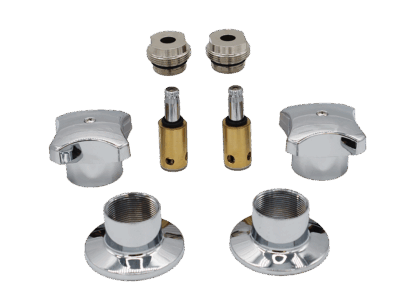 Polished chrome bonnets handles escutcheons with bright brass stems and barrels.