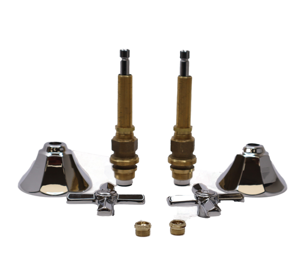 Polished chrome handles and escutcheons with brass stems and faucet seats.