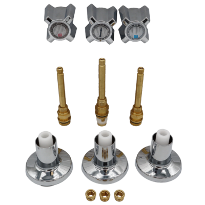 Polished chrome handles & escutcheons with bright brass stems and faucet seats.