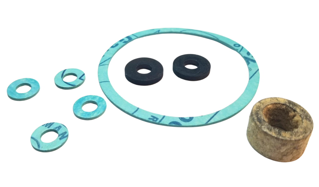 Light blue fiber washer black rubber washers and grey graphite packing.