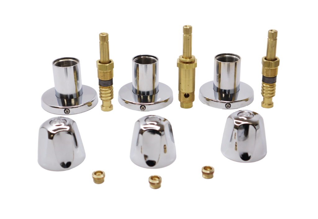 Polished chrome handles escutcheons sleeves with bright brass stems and faucet seats.