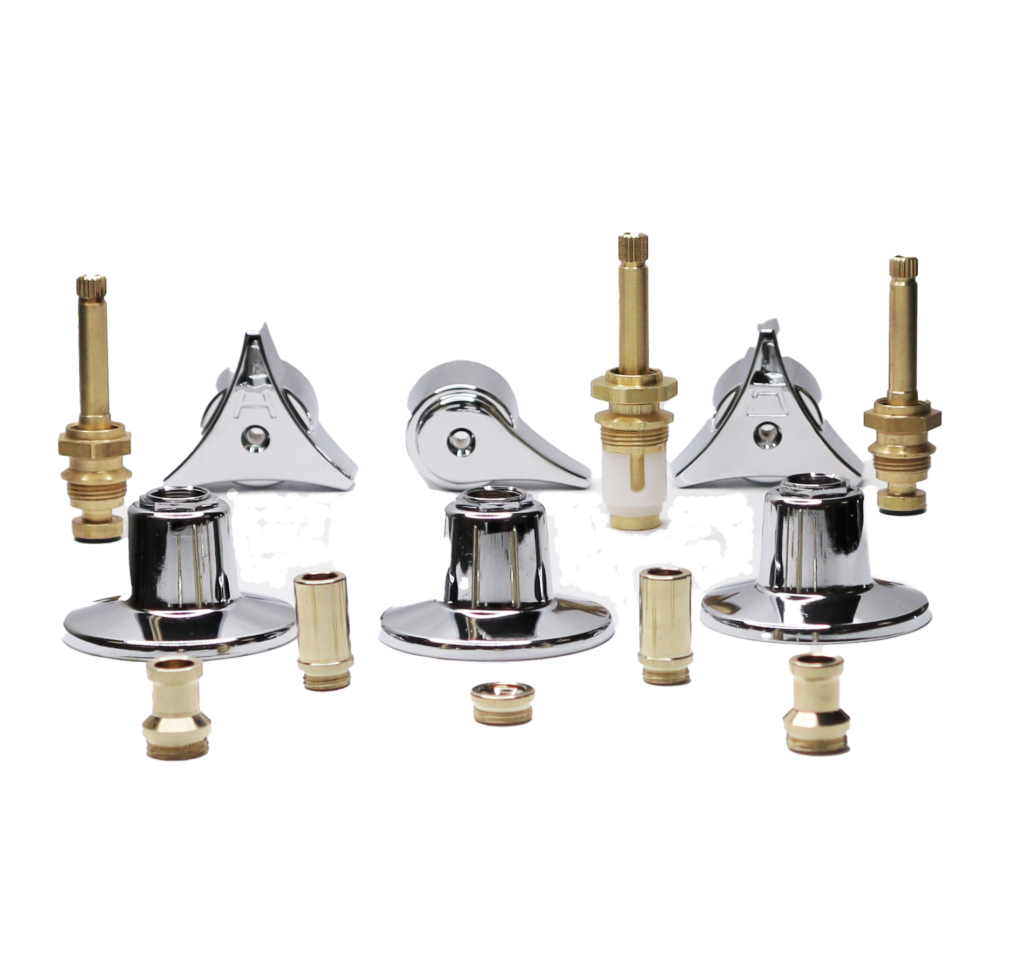 Polished chrome handles and escutcheons with brass stems and faucet seats.