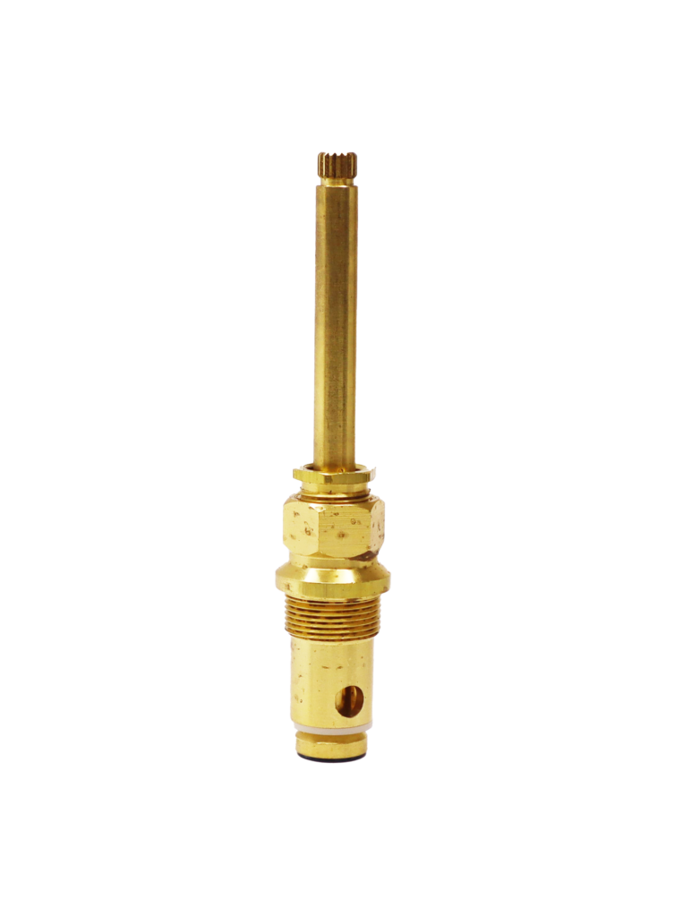 Bright brass diverter stem with white plastic diverter washer black rubber washer and brass screw.