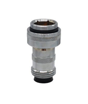 Polished chrome vacuum breaker with black rubber o-ring and spring loaded seal.