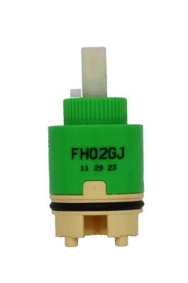 Lime green plastic cartridge with white square handle connection with black rubber o-ring tan bottom with balck rubber seals.