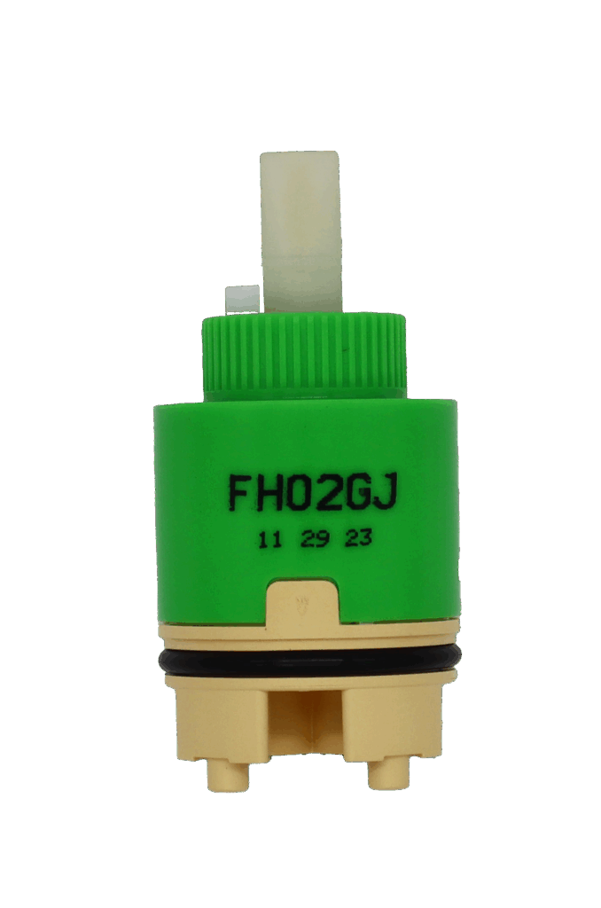Lime green plastic cartridge with white square handle connection with black rubber o-ring tan bottom with balck rubber seals.