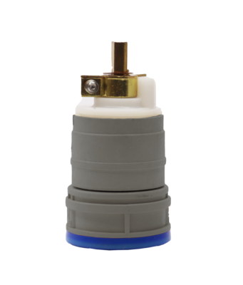 Grey faucet cartridge with plastic white top with brass stem and limit stop with blue bottom seal.