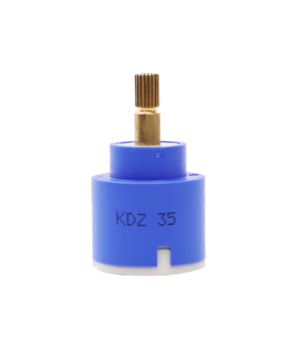 Bright blue plastic cartdige with white top and brass stem white bottom with red seals.