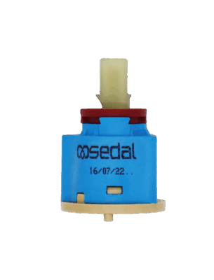 Bright light blue cartridge with red limit stop white square plastic handle connection blue bottom seal.