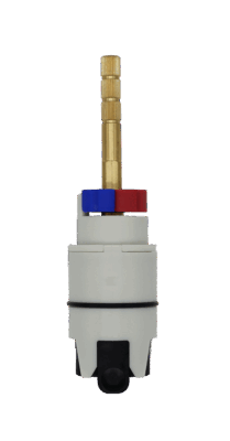 White cartridge body with brass stem red and blue limit stop with black oring and black rubber seal.