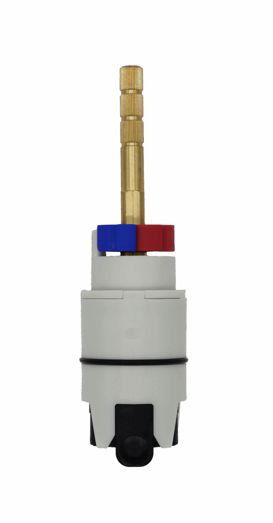 White cartridge body with brass stem red and blue limit stop with black oring and black rubber seal.