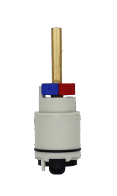 White plastic cartridge with red and blue limit stops square brass stem and black o-ring and bottom washer.