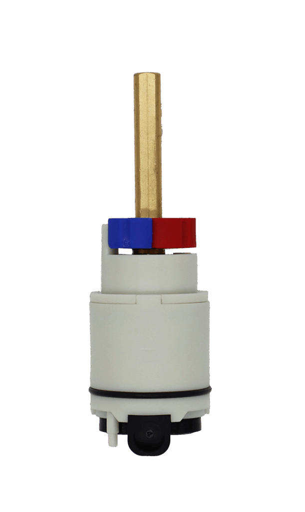 White plastic cartridge with red and blue limit stops square brass stem and black o-ring and bottom washer.