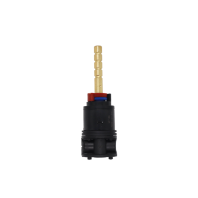 Black platic cartridge with bright brass square stem red & blue plastic limit stops with black rubber o-ring and seal.