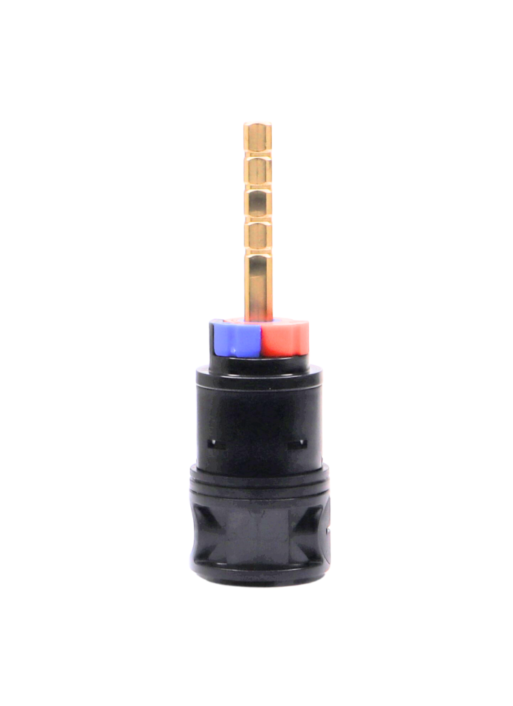 Black plastic cartridge with a red and blue limit stop brass stem and black washers.