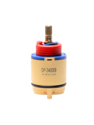 Tan plastic cartridge with blue top red limit stop brass stem black rubber o-ring and black rubber seal.