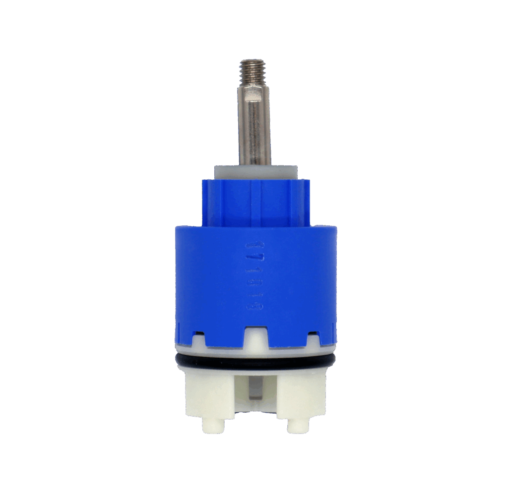 Bright blue cartridge with white limit stop metal screw top handle connection black rubber o-ring and black rubber seals.