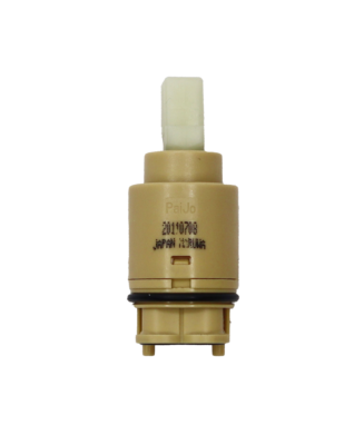 Tan plastic cartridge with white square plastic handle connection black oring and bottom washers.