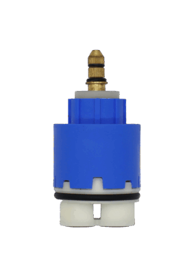 Blue and white plastic cartridge with brass handle connection black rubber o-rings and seals.