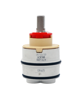 Grey plastic cartridge with tan top red limit stop stainless handle connection and red seal on bottom.