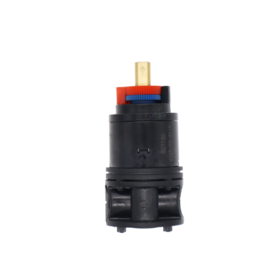 Black plastic cartridge with bright brass stem red & blue limit stops and black rubber seals.