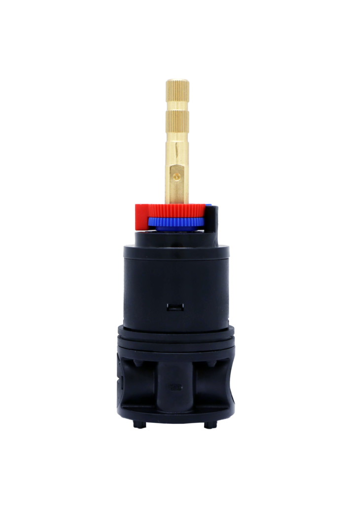 Black plastic cartridge with red and blue limit stop with a brass stem and black seal on the bottom.