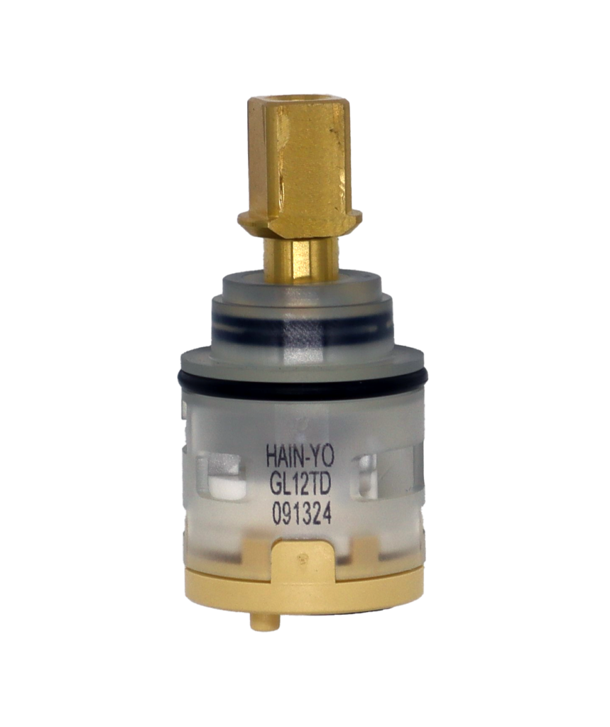 Clear plastic cartridge body with square brass handle connection tan bottom with black orings and seals.