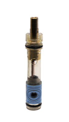 Clear plastic cartridge with brass stem black rubber o-rings and blue rubber seal.