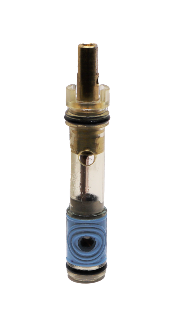 Clear plastic cartridge with brass stem black rubber o-rings and blue rubber seal.