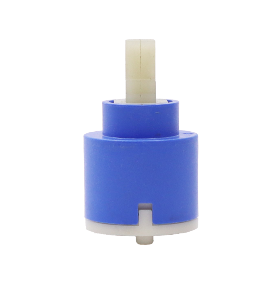 Bright blue and white plastic cartridge with square handle connection red bottom seals and 1 alignment peg.
