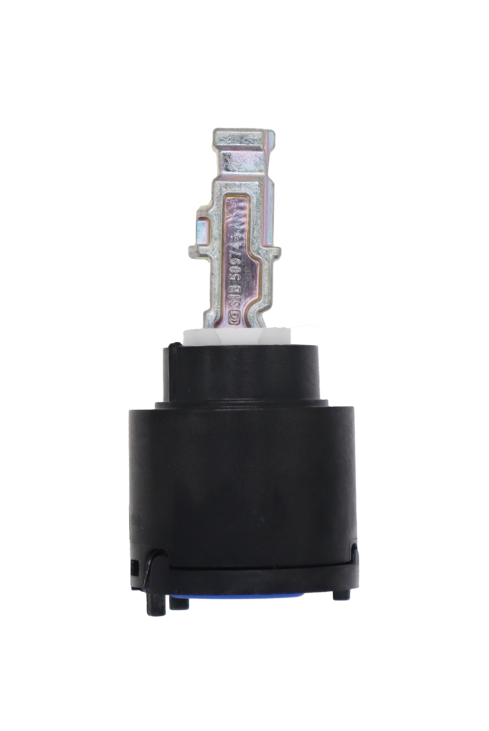 Black plastic cartridge with white limit stop metal handle connection and blue rubber seal.
