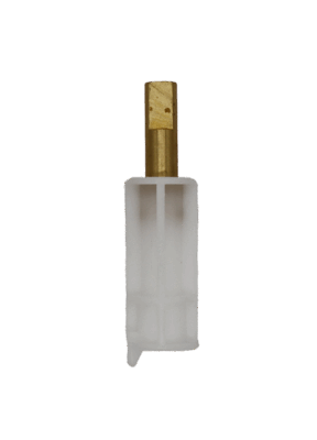 White plastic adapter with a brass handle connection.
