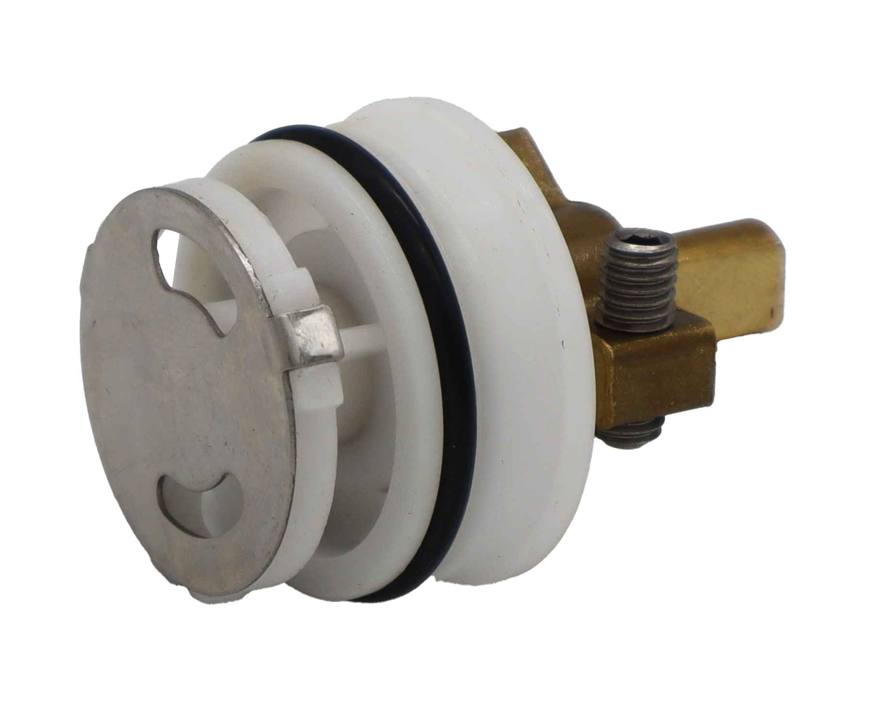 White plastic carttridge with brass limit stop brass stem black rubber o-ring and stainless bottom.