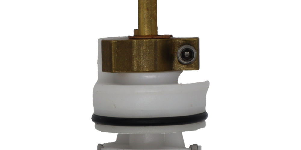 White plastic cartridge with brass limit stop brass handle connection copper clip with black o-ring and stainless bottom.