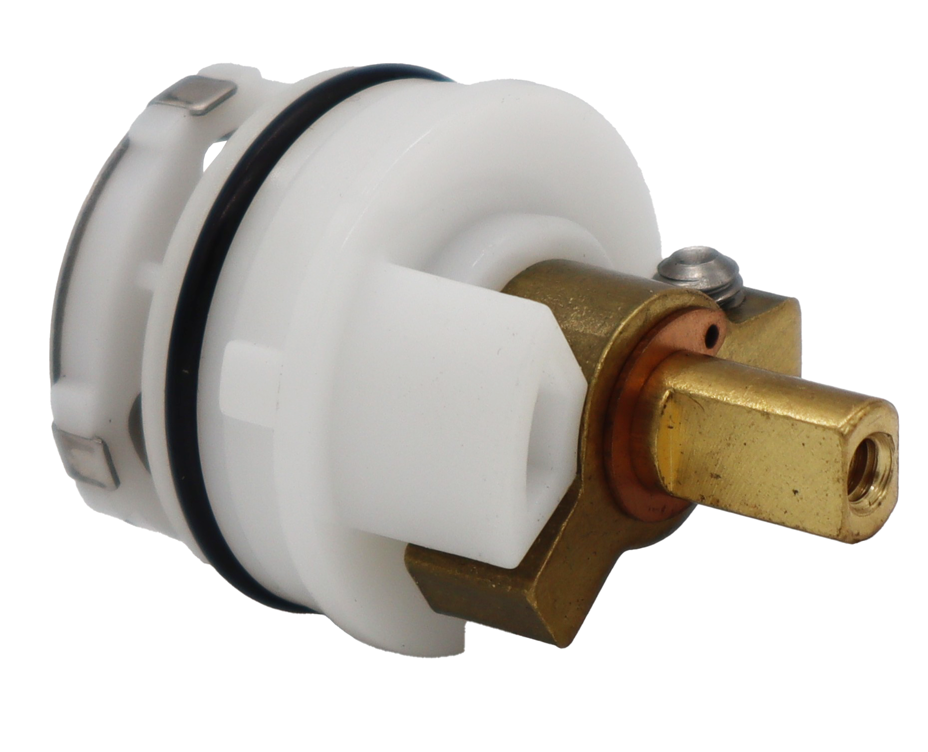 White plastic carttridge with brass limit stop brass stem black rubber o-ring and stainless bottom.