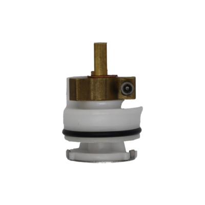 White plastic cartridge with brass limit stop brass handle connection copper clip with black o-ring and stainless bottom.