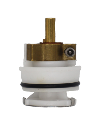 White plastic carttridge with brass limit stop brass stem black rubber o-ring and stainless bottom.