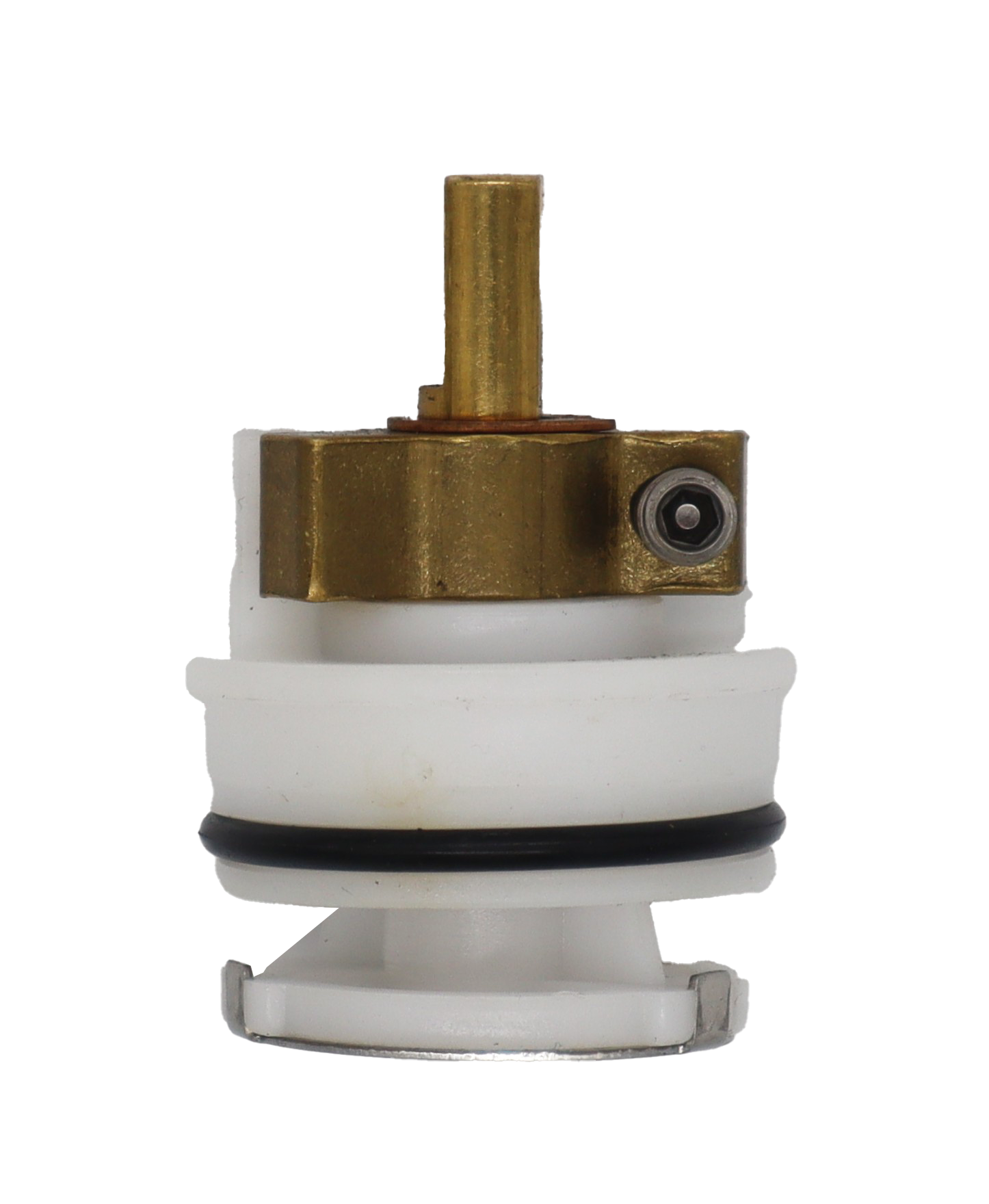 White plastic carttridge with brass limit stop brass stem black rubber o-ring and stainless bottom.