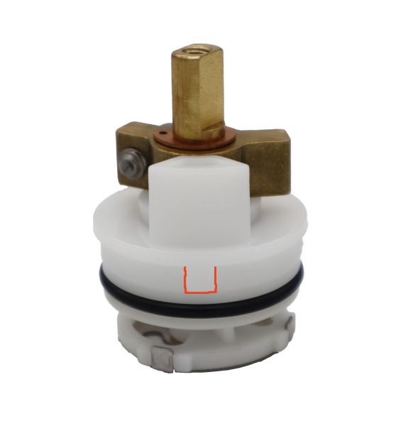 White plastic carttridge with brass limit stop brass stem black rubber o-ring and stainless bottom.