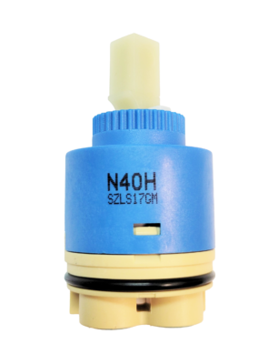 Blue and tan plastic cartridge with square handle connection with black rubber o-ring with blue rubber seals.
