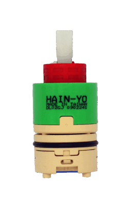 Lime green and tan plastic cartridge and balancer with red limit stop white square handle connection black rubber o-ring and blue rubber bottom seals.