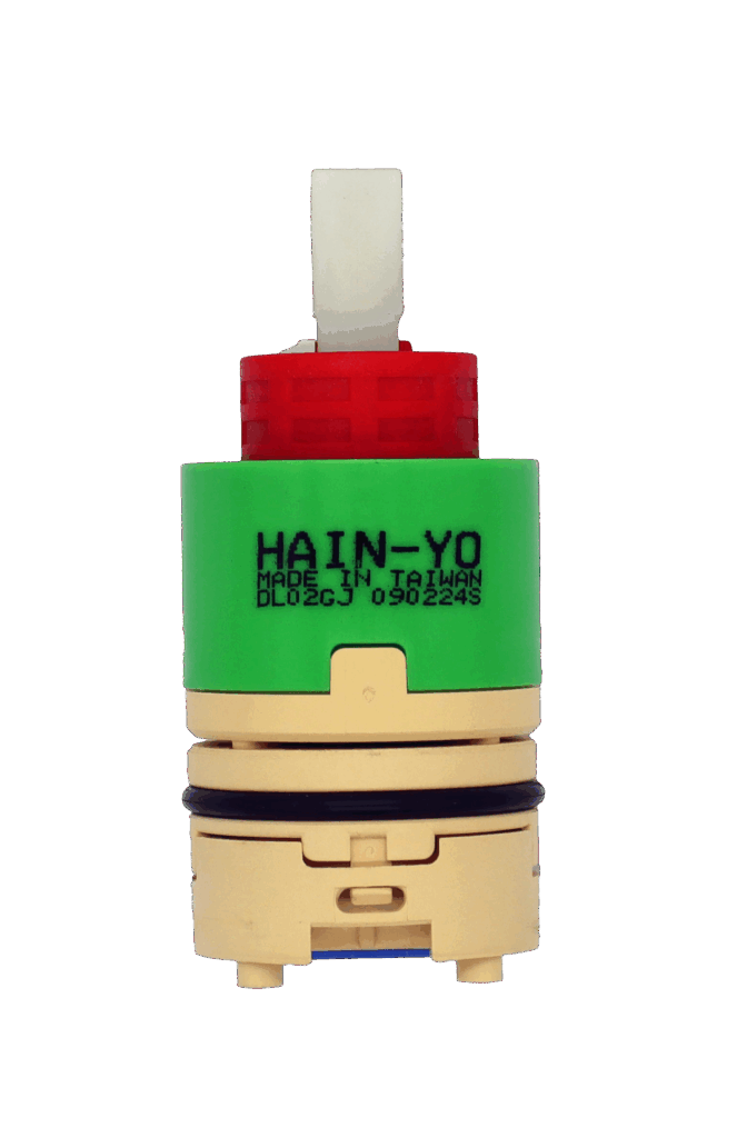 Lime green and tan plastic cartridge and balancer with red limit stop white square handle connection black rubber o-ring and blue rubber bottom seals.
