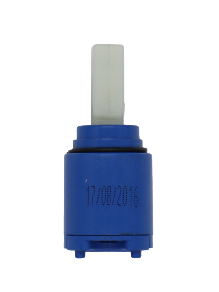 Blue plastic cartridge with white square handle connection black rubber oring and blue bottom seals.