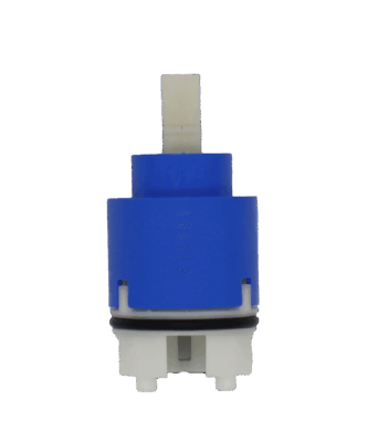 Bright blue plastic cartridge with white square plastic handle connection black rubber o-ring white plastic bottom with black rubber seal.