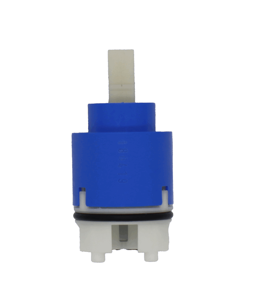 Bright blue plastic cartridge with white square plastic handle connection black rubber o-ring white plastic bottom with black rubber seal.